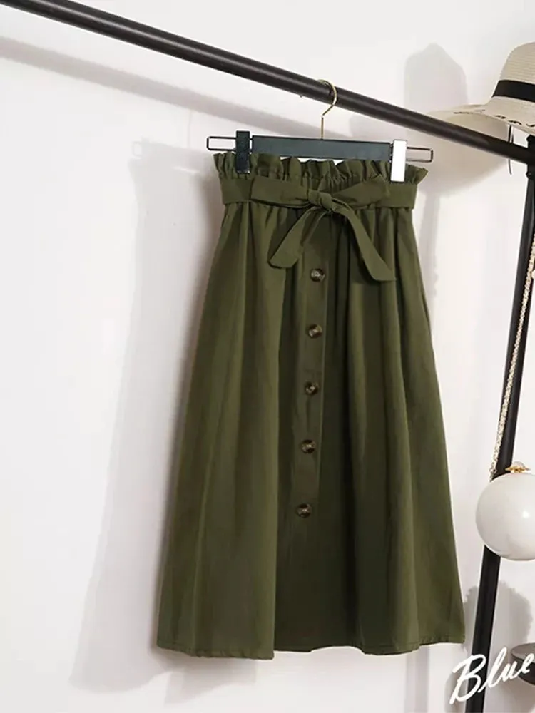 LVSANW Summer Autumn Skirts Womens Midi Knee Length Korean Elegant Button High Waist Skirt Female Pleated School Skirt