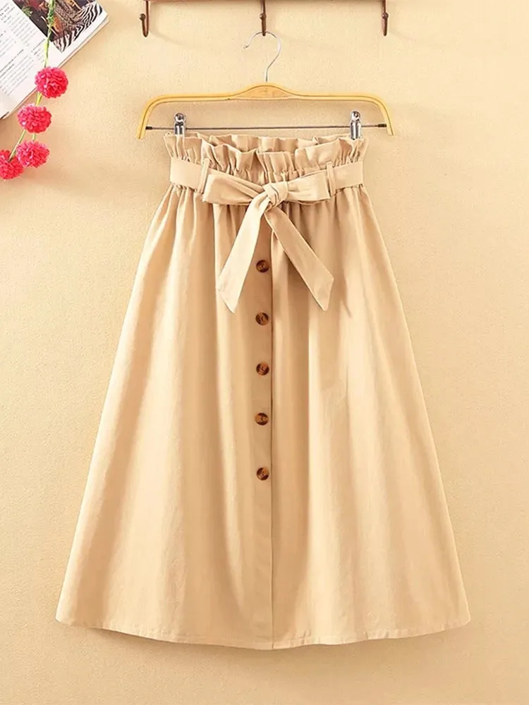 LVSANW Summer Autumn Skirts Womens Midi Knee Length Korean Elegant Button High Waist Skirt Female Pleated School Skirt