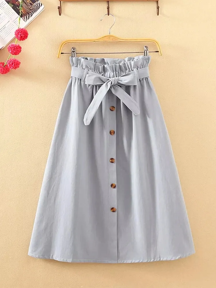 LVSANW Summer Autumn Skirts Womens Midi Knee Length Korean Elegant Button High Waist Skirt Female Pleated School Skirt