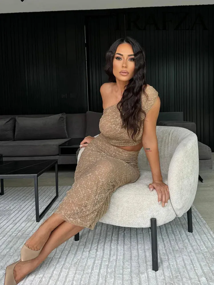 LVSANW TRAFZA Women Elegant Shiny Rhinestone Sexy Backless Single Shoulder Vest Tops Chic Folds Texture Decorate Midi Skirt 2 Piece Set