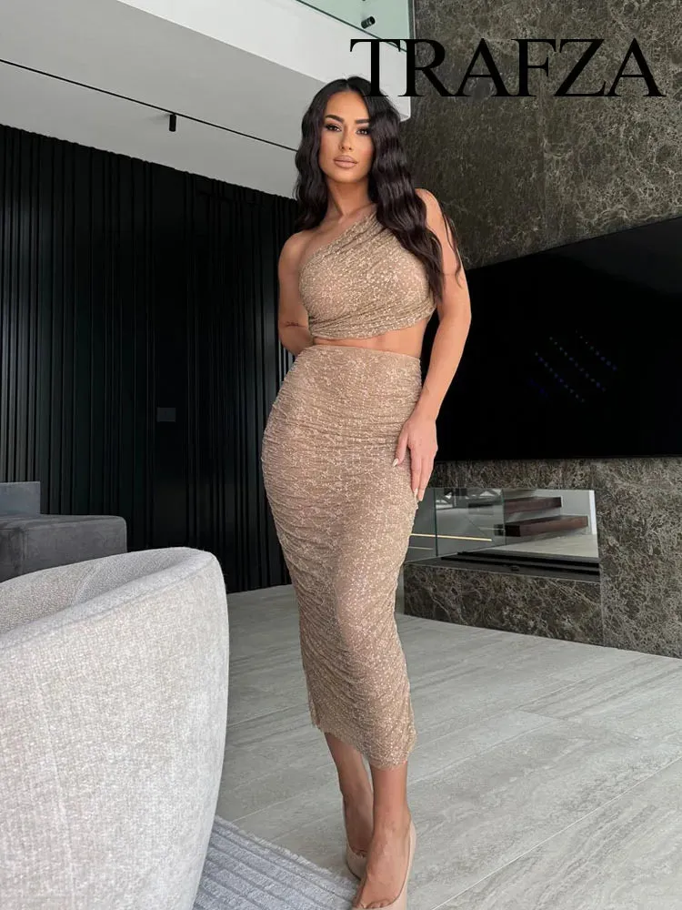 LVSANW TRAFZA Women Elegant Shiny Rhinestone Sexy Backless Single Shoulder Vest Tops Chic Folds Texture Decorate Midi Skirt 2 Piece Set