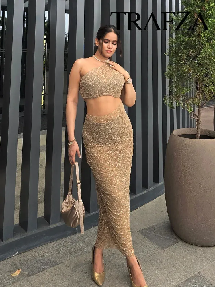 LVSANW TRAFZA Women Elegant Shiny Rhinestone Sexy Backless Single Shoulder Vest Tops Chic Folds Texture Decorate Midi Skirt 2 Piece Set