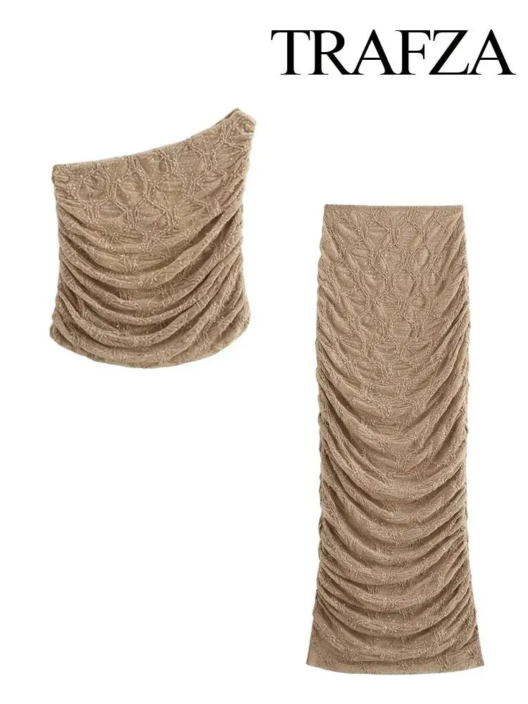 LVSANW TRAFZA Women Elegant Shiny Rhinestone Sexy Backless Single Shoulder Vest Tops Chic Folds Texture Decorate Midi Skirt 2 Piece Set