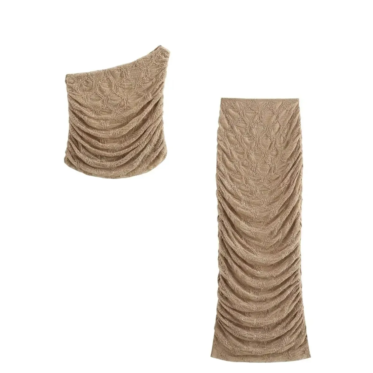 LVSANW TRAFZA Women Elegant Shiny Rhinestone Sexy Backless Single Shoulder Vest Tops Chic Folds Texture Decorate Midi Skirt 2 Piece Set