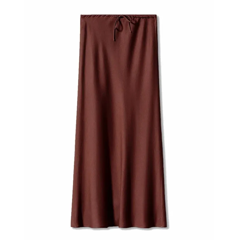 LVSANW Women’s Long Skirt A-Line With Ankle Length Satin Solid Color High Waist Drawstring Elegant Fashion Party Skirt For Women