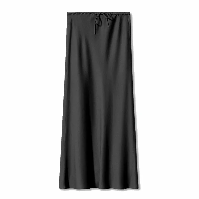 LVSANW Women’s Long Skirt A-Line With Ankle Length Satin Solid Color High Waist Drawstring Elegant Fashion Party Skirt For Women