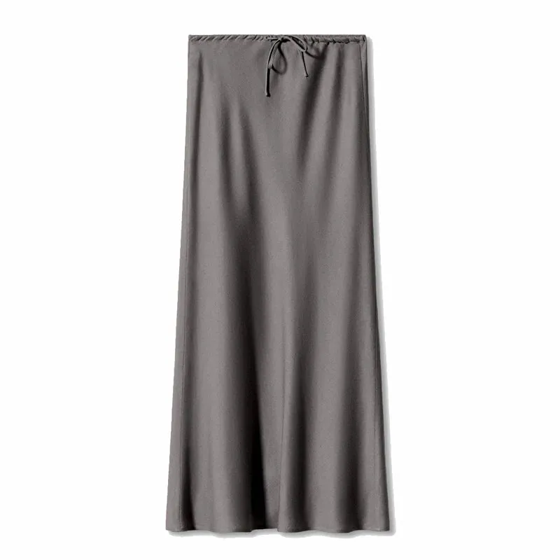 LVSANW Women’s Long Skirt A-Line With Ankle Length Satin Solid Color High Waist Drawstring Elegant Fashion Party Skirt For Women