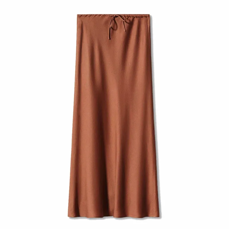 LVSANW Women’s Long Skirt A-Line With Ankle Length Satin Solid Color High Waist Drawstring Elegant Fashion Party Skirt For Women