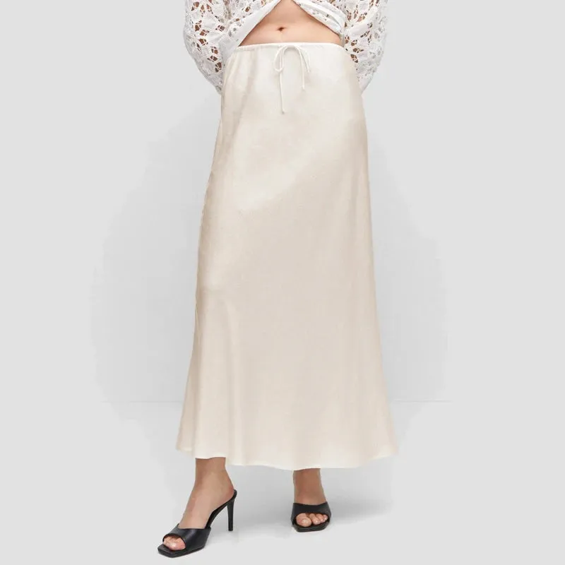 LVSANW Women’s Long Skirt A-Line With Ankle Length Satin Solid Color High Waist Drawstring Elegant Fashion Party Skirt For Women