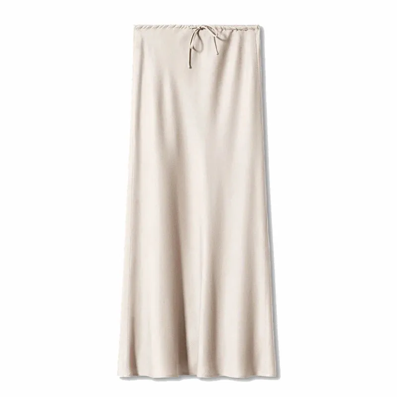 LVSANW Women’s Long Skirt A-Line With Ankle Length Satin Solid Color High Waist Drawstring Elegant Fashion Party Skirt For Women