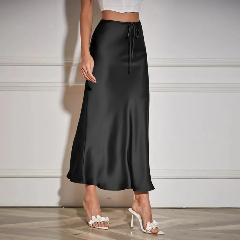 LVSANW Women’s Long Skirt A-Line With Ankle Length Satin Solid Color High Waist Drawstring Elegant Fashion Party Skirt For Women