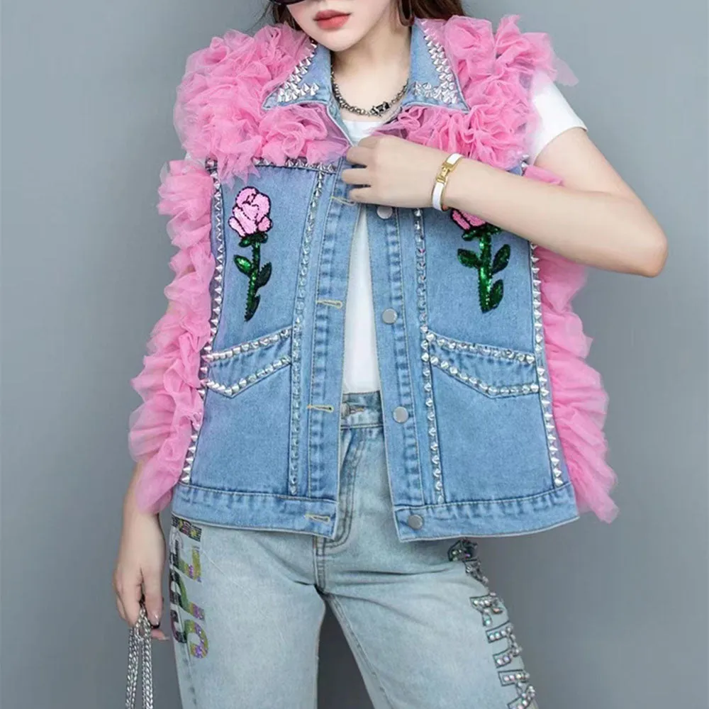 MALYBGG Women's Denim Vest with Stylish Sequin Netting and Roomy Silhouette 8037LY