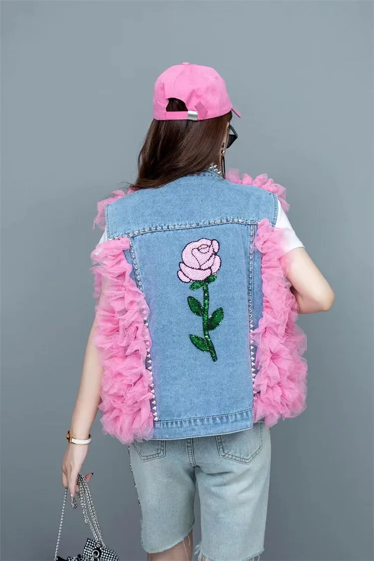 MALYBGG Women's Denim Vest with Stylish Sequin Netting and Roomy Silhouette 8037LY