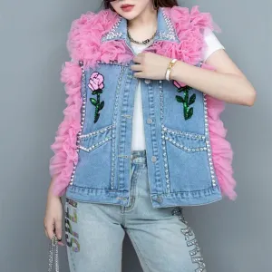 MALYBGG Women's Denim Vest with Stylish Sequin Netting and Roomy Silhouette 8037LY