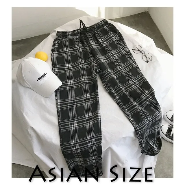Men Women Korean Black Plaid Casual Pants