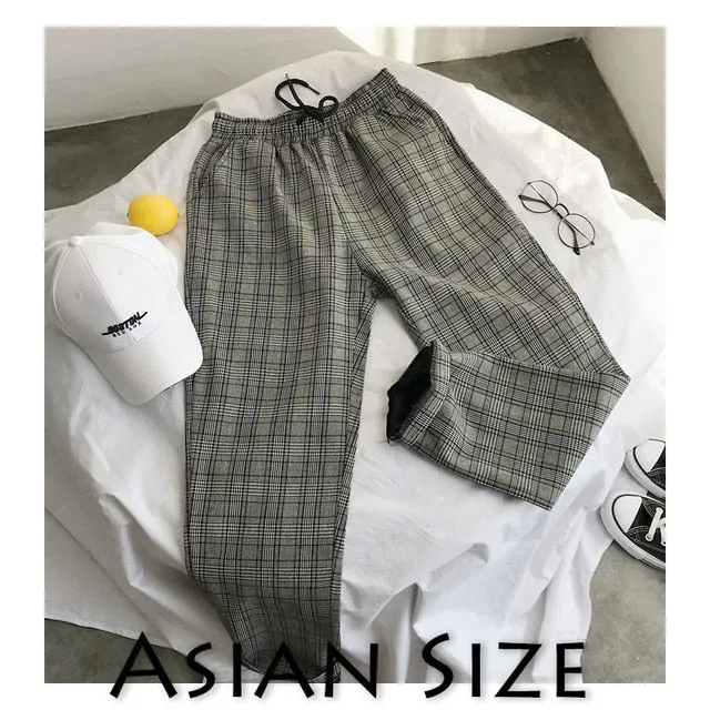Men Women Korean Black Plaid Casual Pants