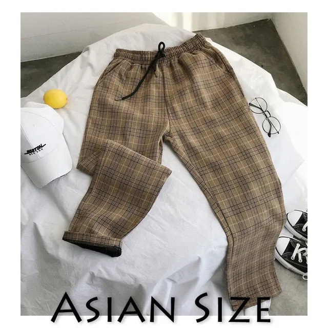 Men Women Korean Black Plaid Casual Pants