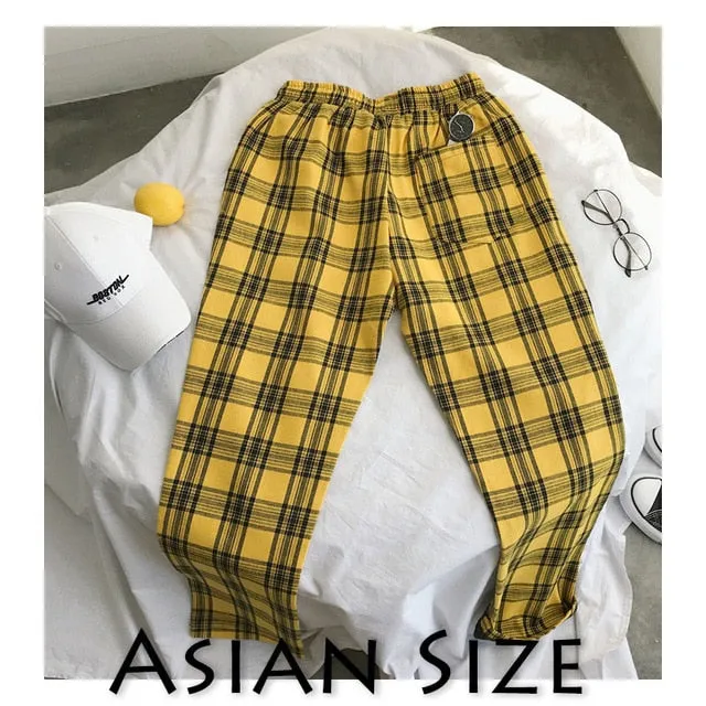 Men Women Korean Black Plaid Casual Pants