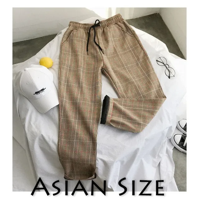 Men Women Korean Black Plaid Casual Pants