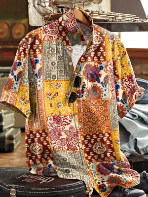Men's Retro Ethnic Pattern Lapel Short Sleeve Pocket Shirt