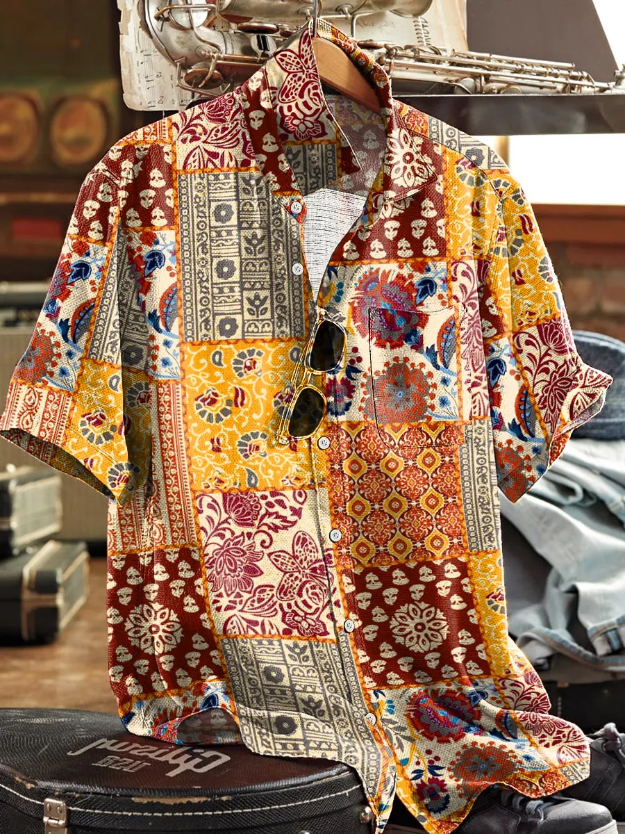 Men's Retro Ethnic Pattern Lapel Short Sleeve Pocket Shirt