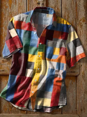 Men's Vintage Colorful Plaid Art Print Short Sleeve Pocket Shirt