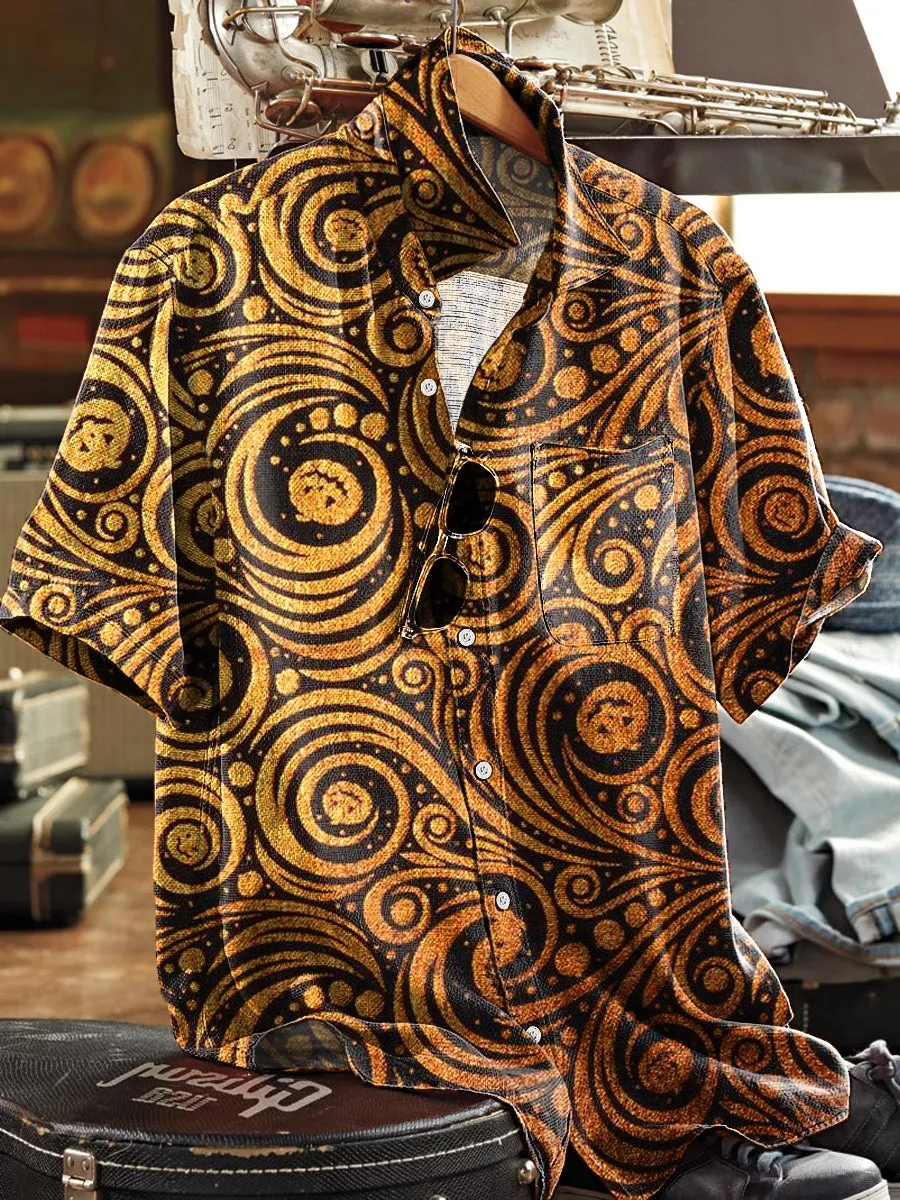 Men's Vintage Gradient Irregular Floral Art Print Short Sleeve Pocket Shirt