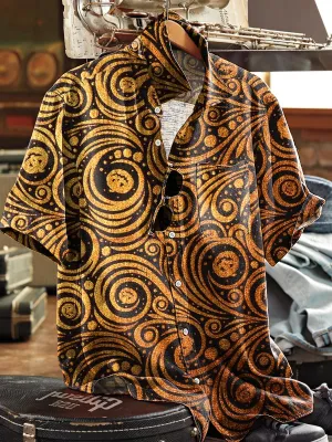 Men's Vintage Gradient Irregular Floral Art Print Short Sleeve Pocket Shirt