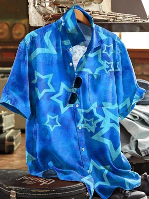 Men's Vintage Gradient Star Pattern Lapel Short Sleeve Pocket Shirt