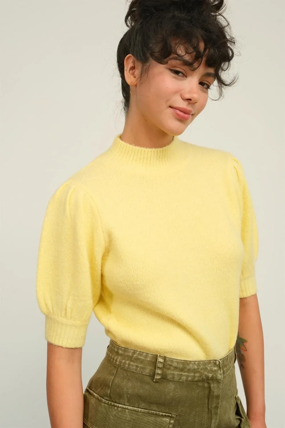 Mock Neck Puff Sleeve Sweater in Creamy Yellow