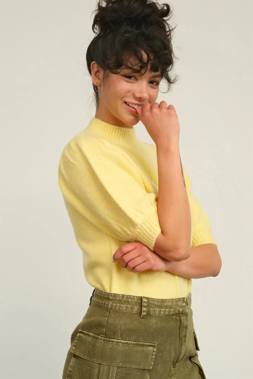 Mock Neck Puff Sleeve Sweater in Creamy Yellow