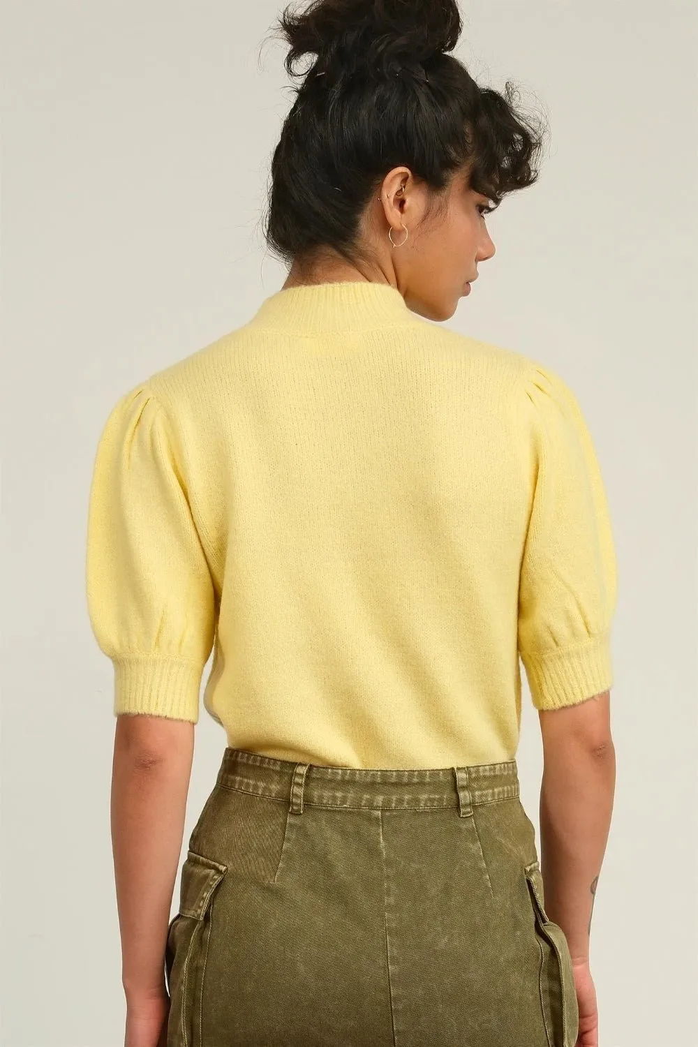 Mock Neck Puff Sleeve Sweater in Creamy Yellow
