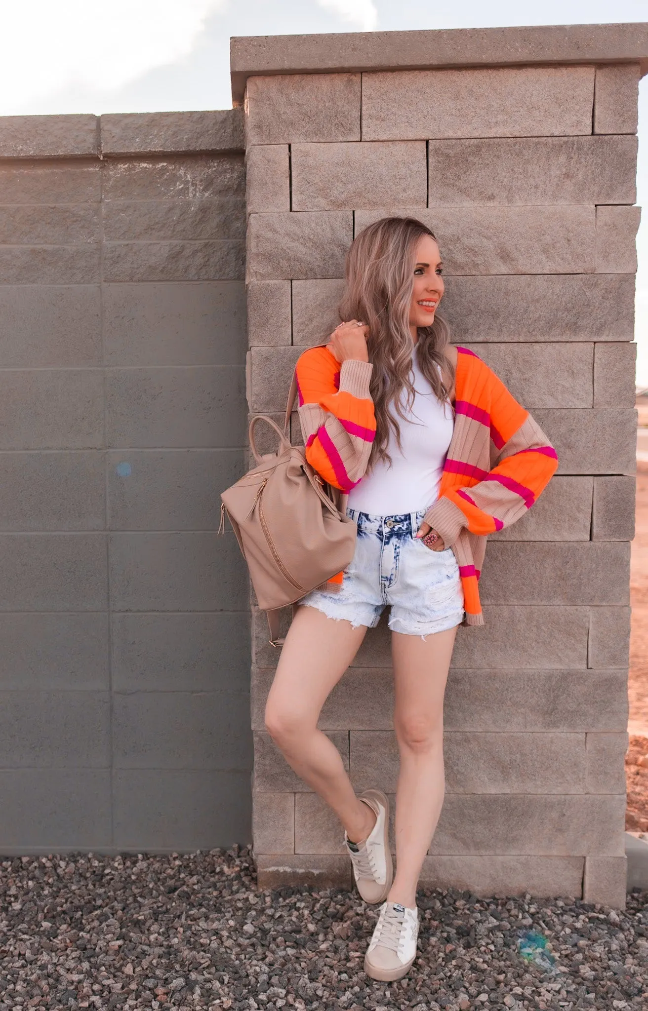 Neon Orange & Pink Striped Colorblock Slouchy Cardigan | S-2X