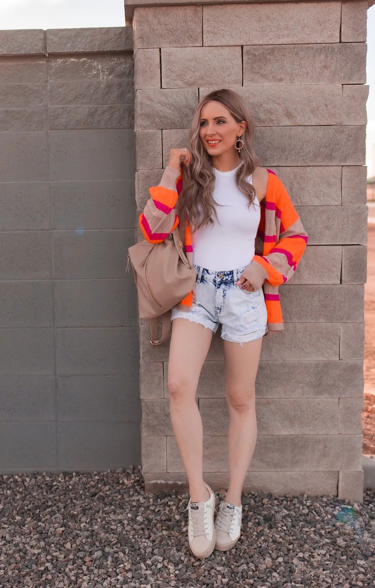 Neon Orange & Pink Striped Colorblock Slouchy Cardigan | S-2X