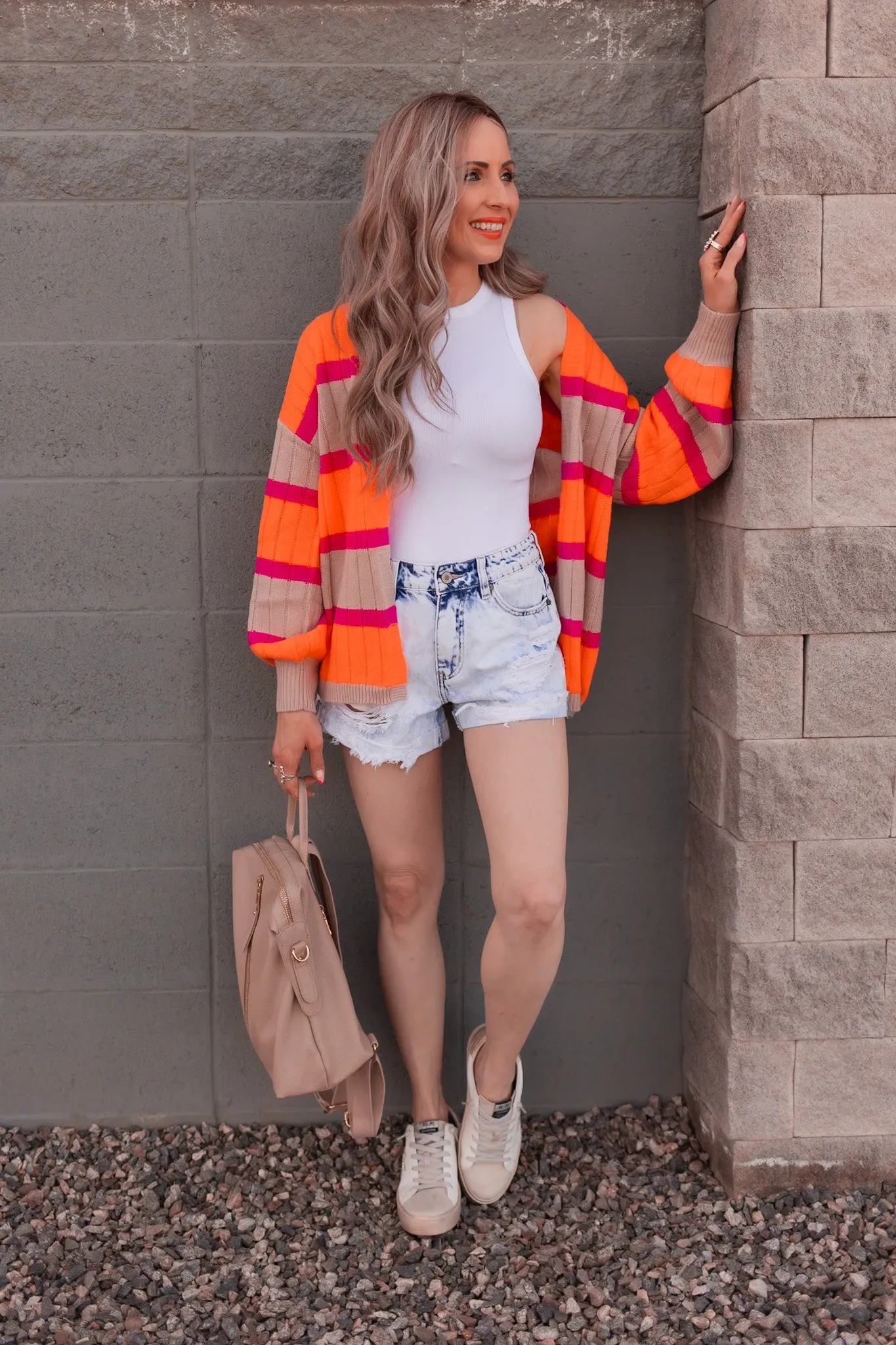 Neon Orange & Pink Striped Colorblock Slouchy Cardigan | S-2X