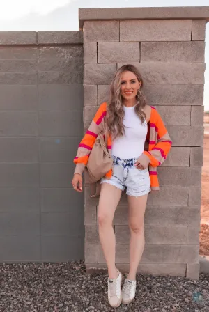 Neon Orange & Pink Striped Colorblock Slouchy Cardigan | S-2X