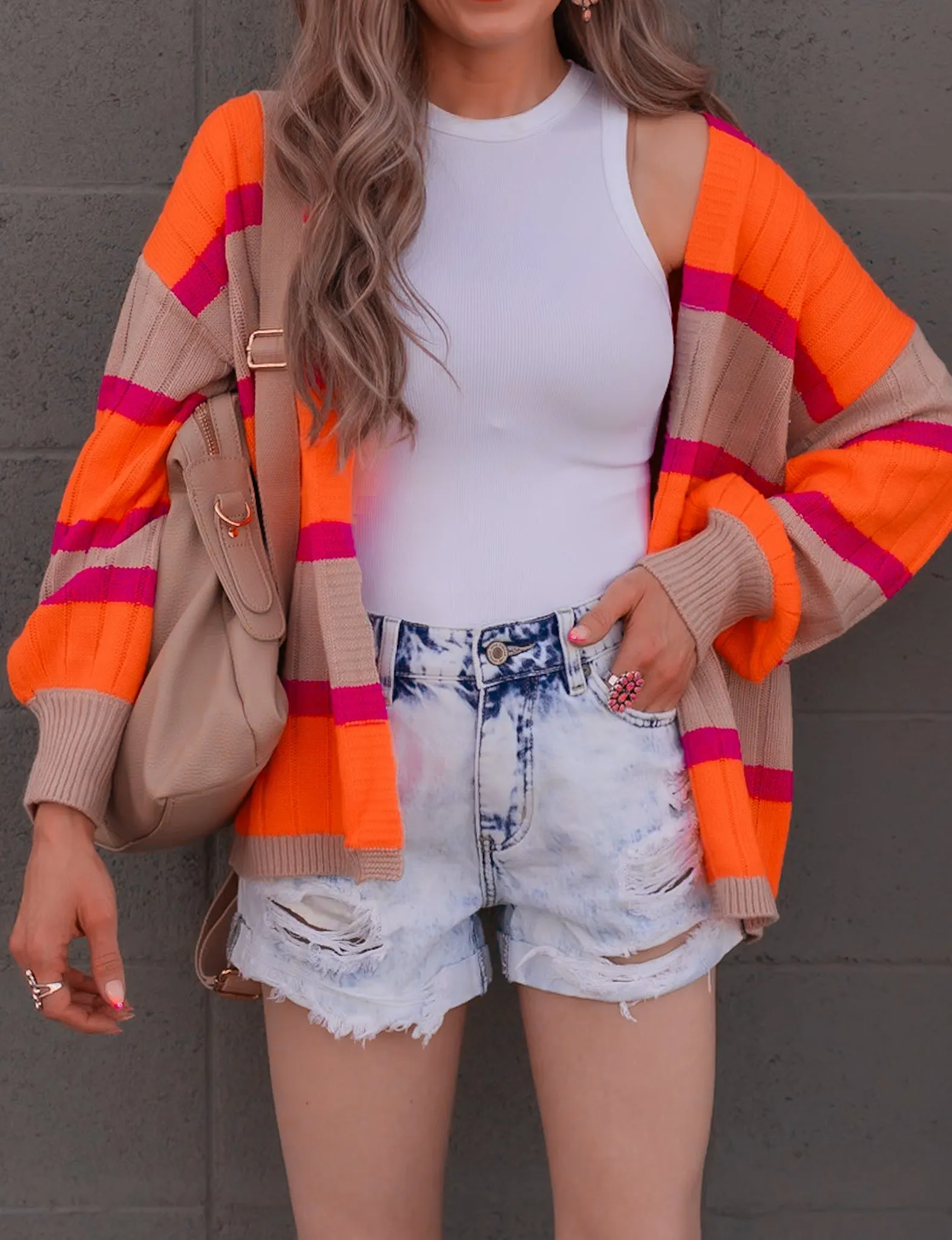 Neon Orange & Pink Striped Colorblock Slouchy Cardigan | S-2X