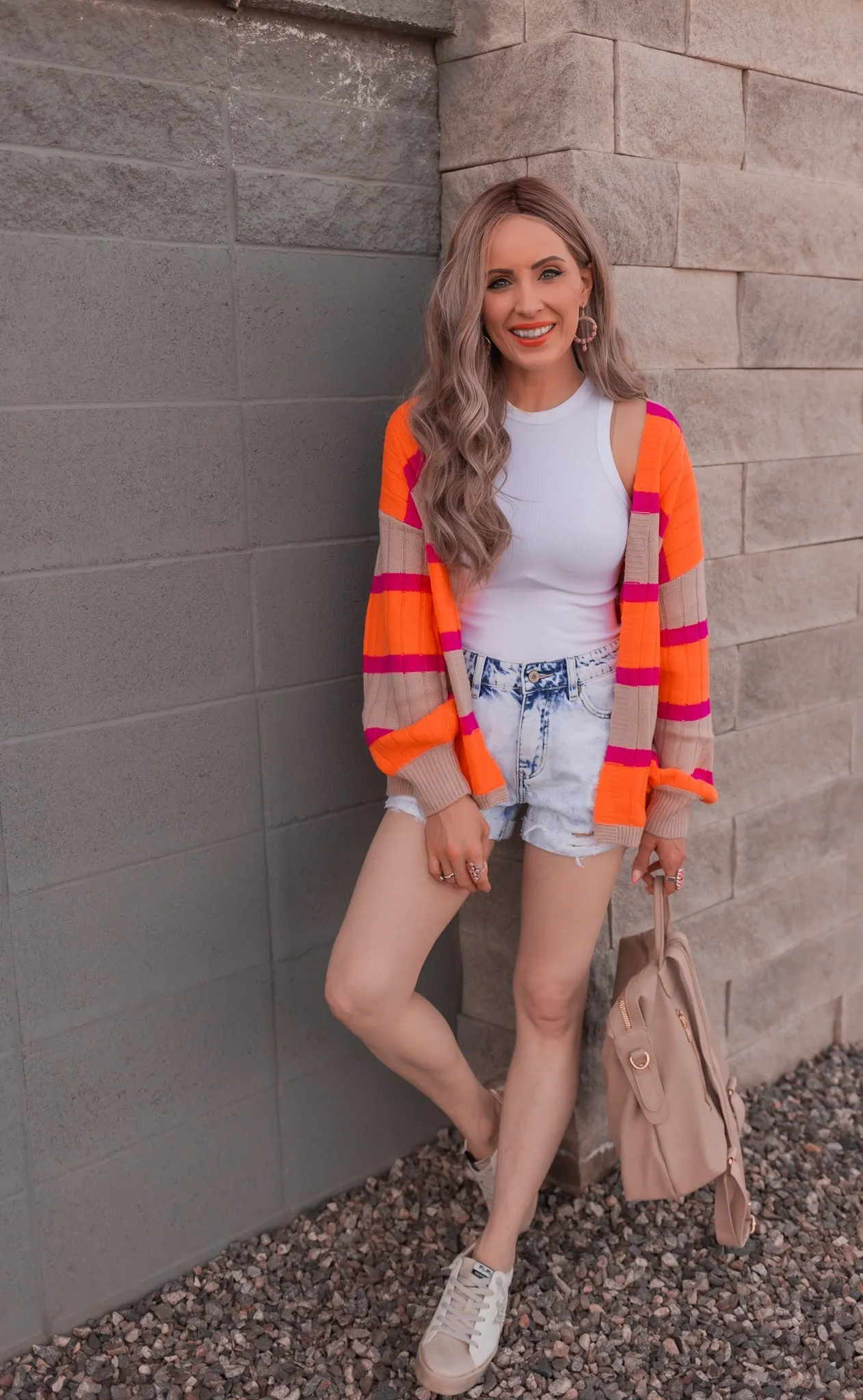 Neon Orange & Pink Striped Colorblock Slouchy Cardigan | S-2X