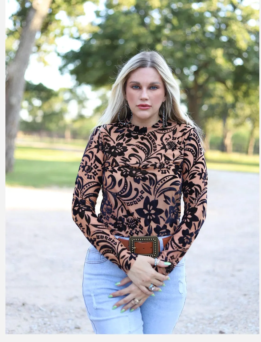 Nude/Black Velvet Mesh Top
