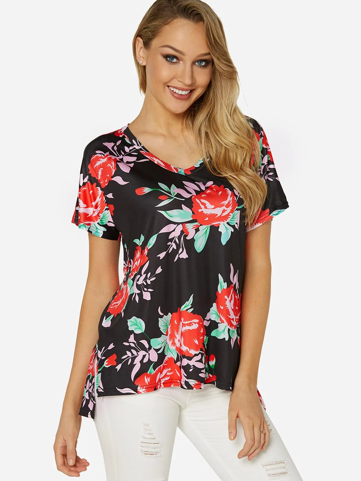 OEM ODM Round Neck Floral Print Slit Short Sleeve Black T-Shirts