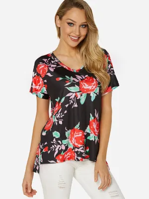OEM ODM Round Neck Floral Print Slit Short Sleeve Black T-Shirts