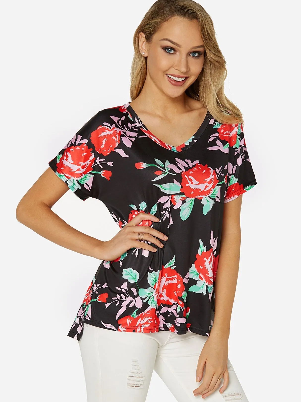 OEM ODM Round Neck Floral Print Slit Short Sleeve Black T-Shirts