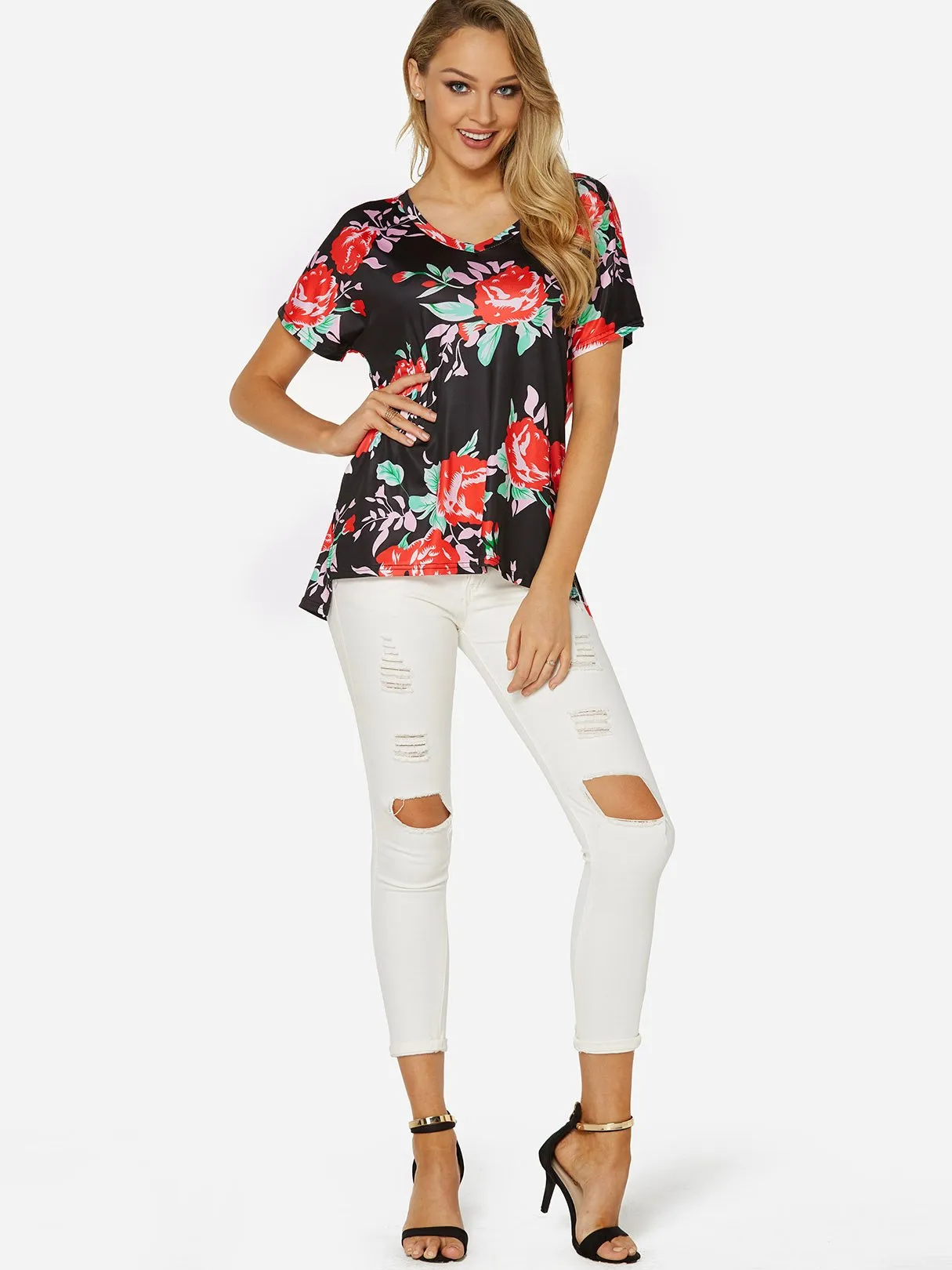OEM ODM Round Neck Floral Print Slit Short Sleeve Black T-Shirts