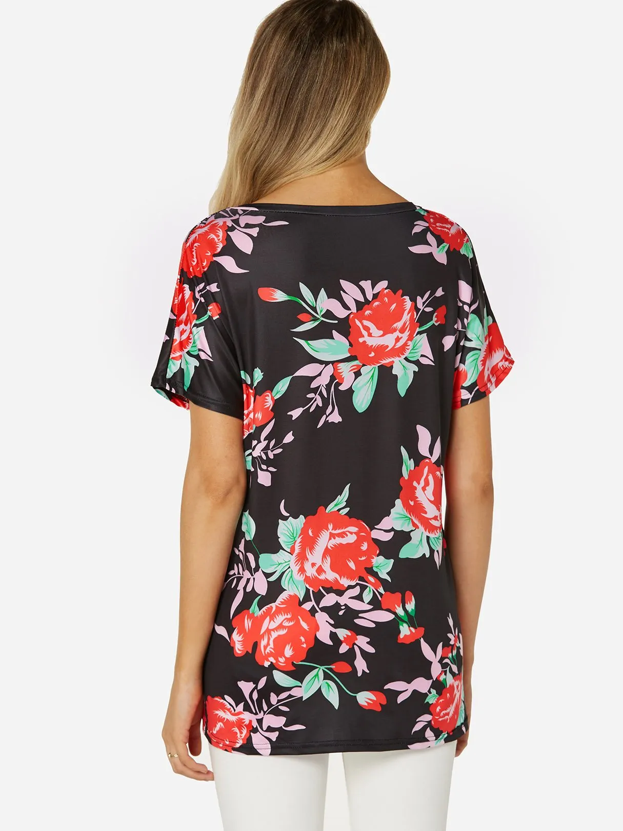 OEM ODM Round Neck Floral Print Slit Short Sleeve Black T-Shirts