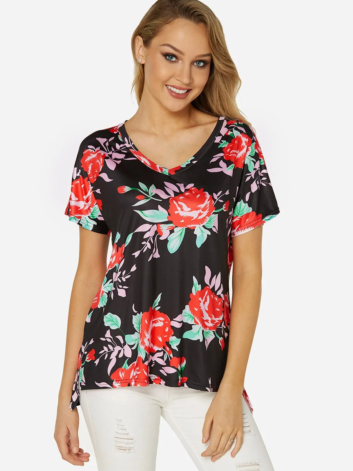 OEM ODM Round Neck Floral Print Slit Short Sleeve Black T-Shirts