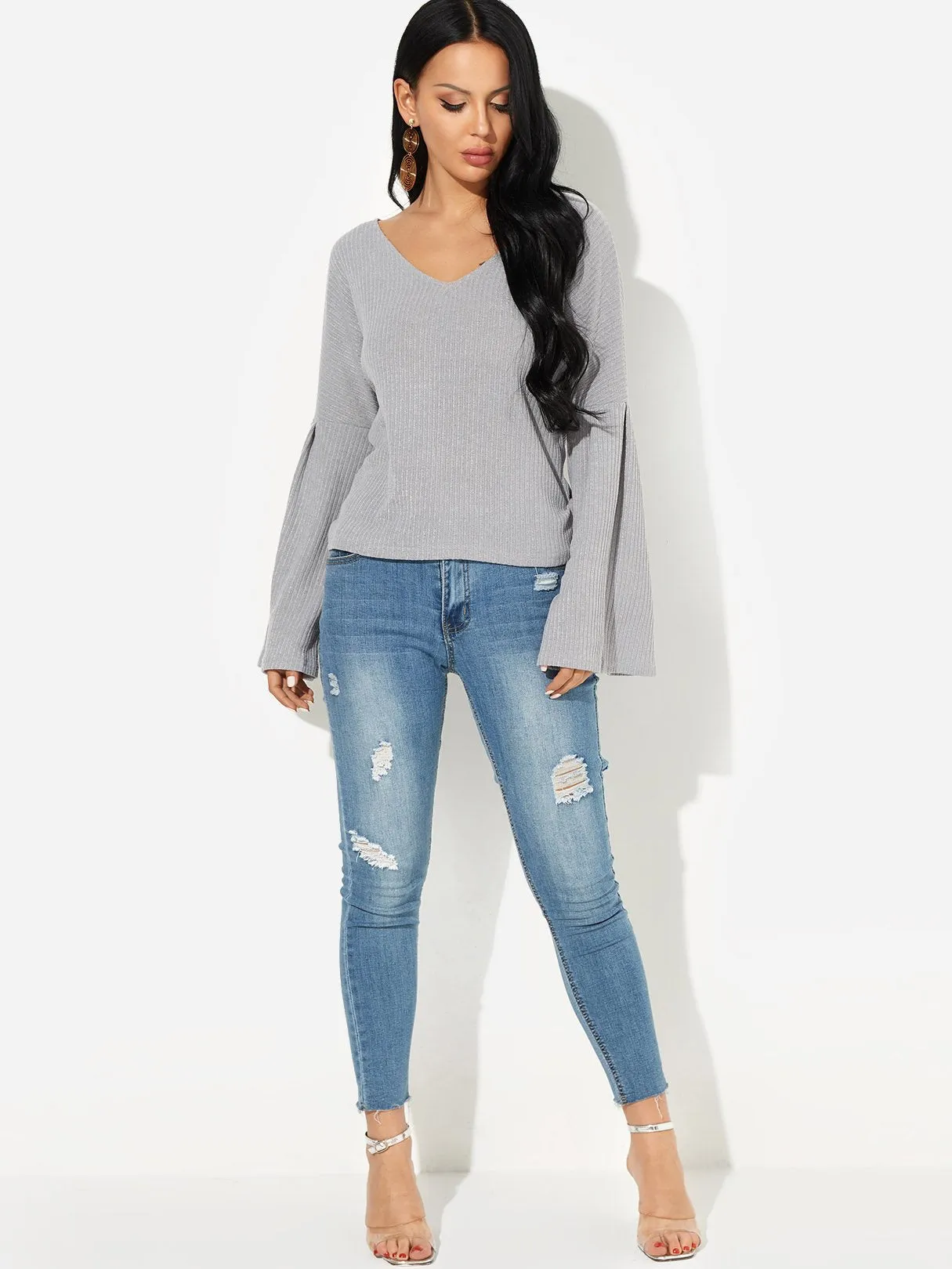 OEM ODM V-Neck Plain Long Sleeve Grey T-Shirts