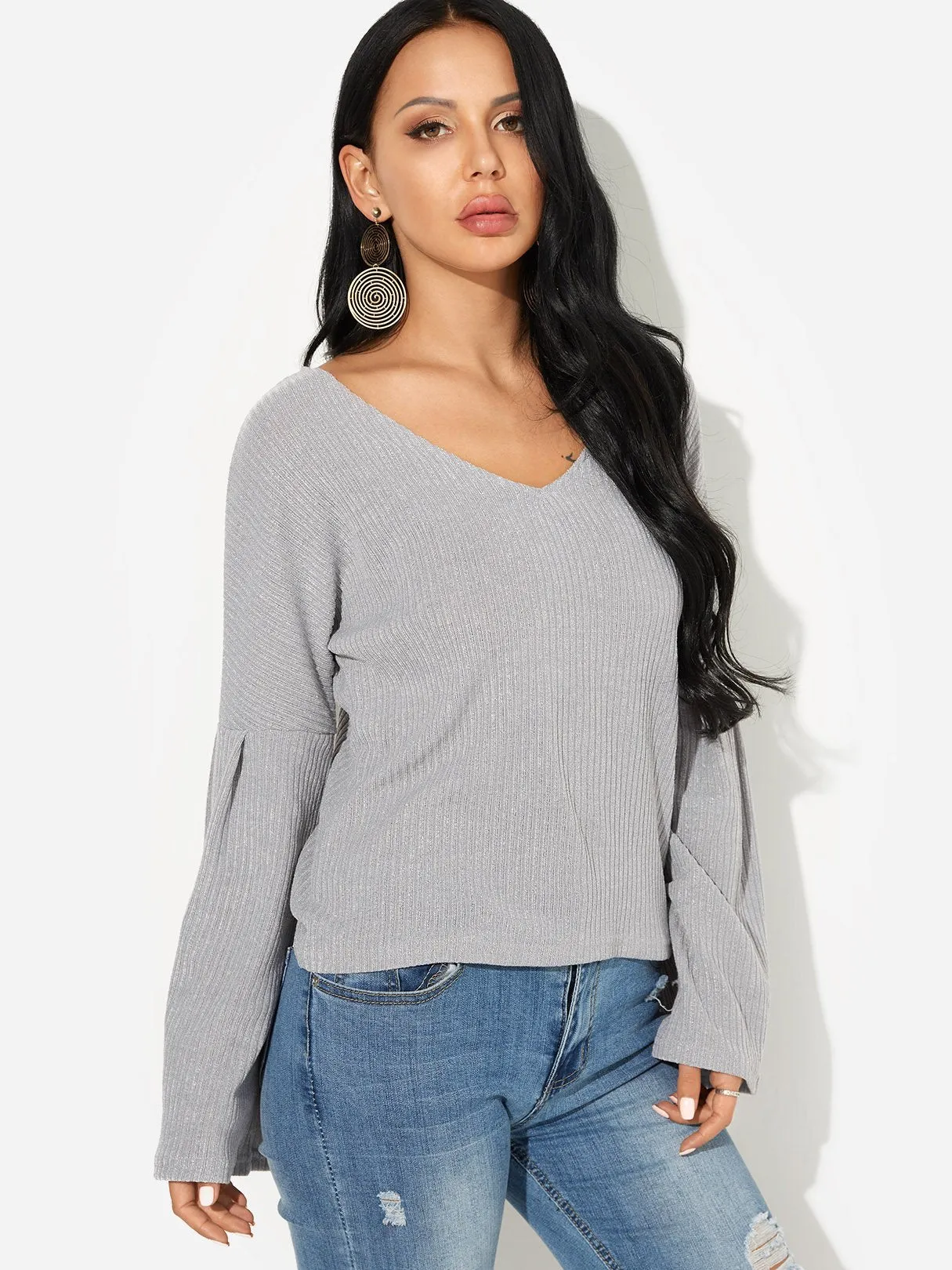 OEM ODM V-Neck Plain Long Sleeve Grey T-Shirts