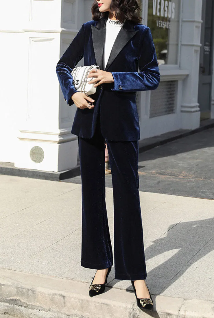 One-Button Velvet Blazer & Wide-Leg Pant Suits