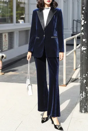 One-Button Velvet Blazer & Wide-Leg Pant Suits
