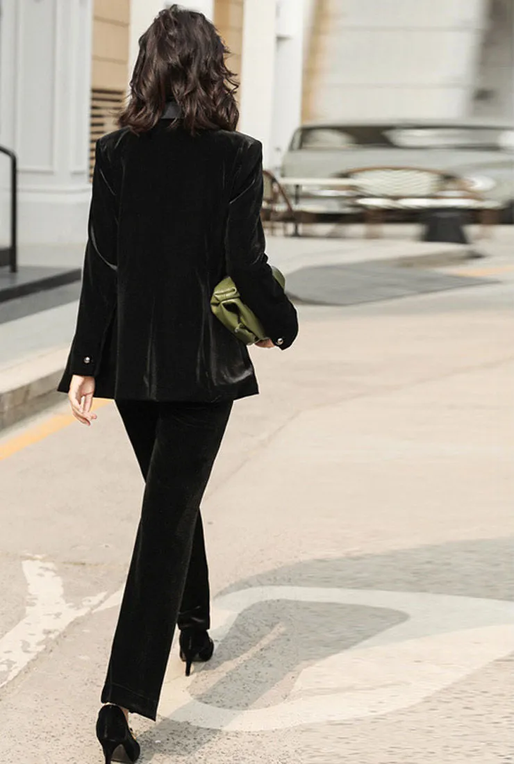 One-Button Velvet Blazer & Wide-Leg Pant Suits